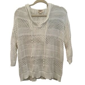 BiBi Women's V-Neck White Hooded Sweater 3/4 Sleeve Casual Neutral Versatile SzL